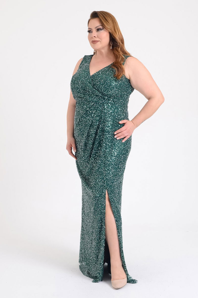 Lilas XXL Kadın Büyük Beden Kruvaze Yaka Full Taş İşlemeli Kolsuz Abiye Elbise 9675 Yeşil - 2