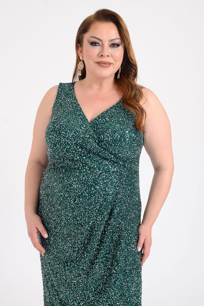 Lilas XXL Kadın Büyük Beden Kruvaze Yaka Full Taş İşlemeli Kolsuz Abiye Elbise 9675 Yeşil - 3