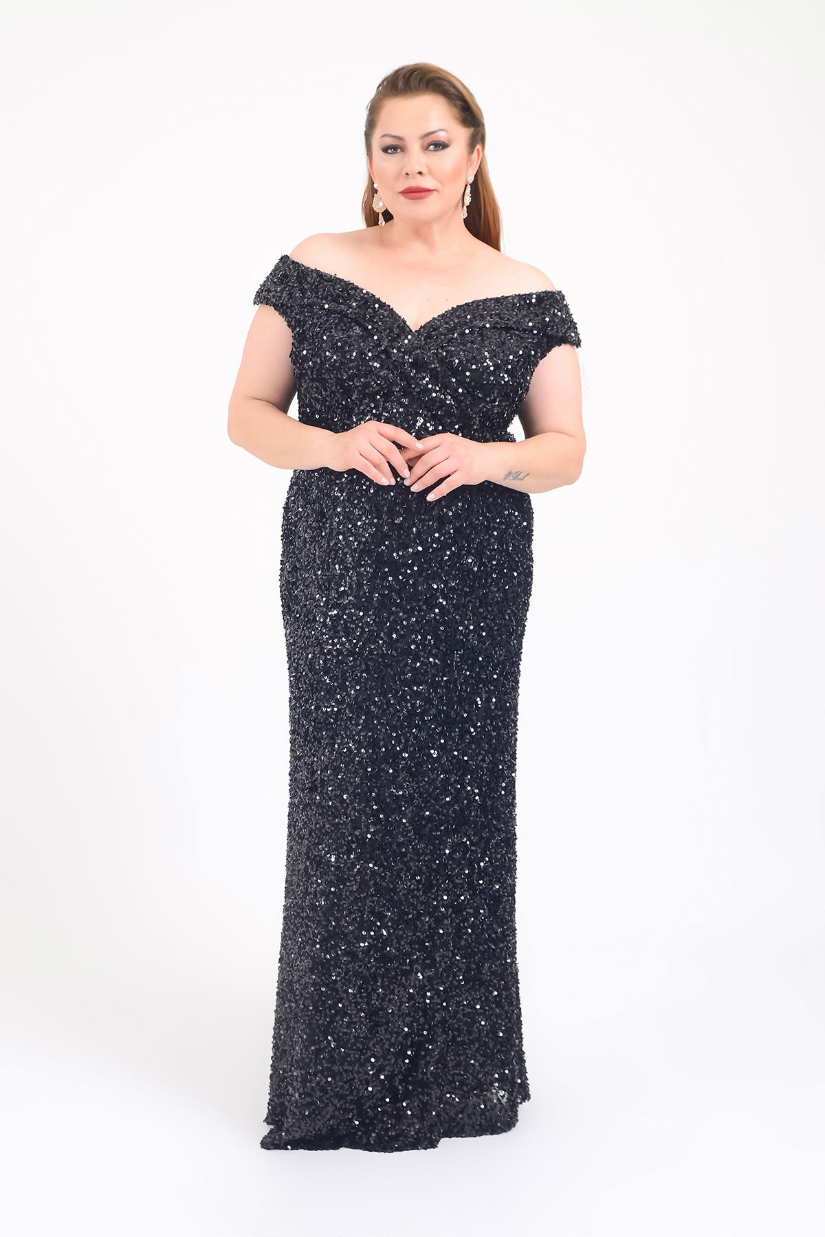 Lilas XXL Kadın Büyük Beden Madonna Yaka Full Taş ve Payetli Uzun Abiye Elbise 2439 Siyah - 1