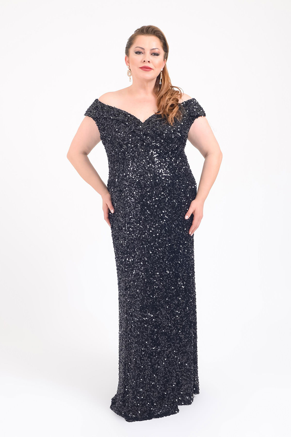 Lilas XXL Kadın Büyük Beden Madonna Yaka Full Taş ve Payetli Uzun Abiye Elbise 2439 Siyah - 2