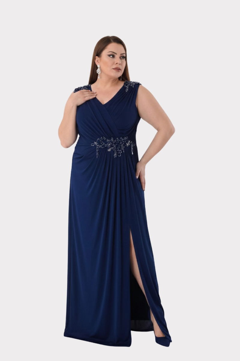 Lilas XXL Kadın Büyük Beden Omuz ve Bel Taş Detaylı Geniş Askılı Uzun Abiye Elbise 2510 Lacivert - Lilas XXL