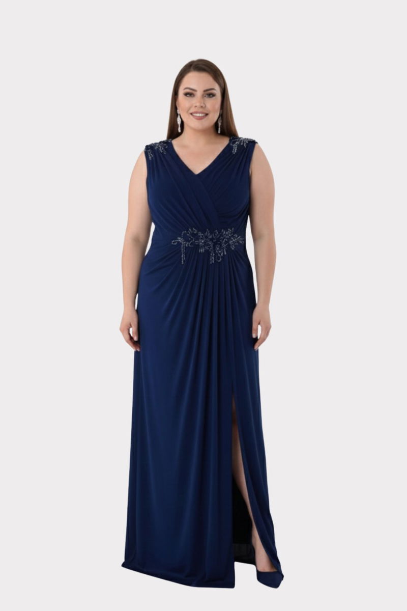 Lilas XXL Kadın Büyük Beden Omuz ve Bel Taş Detaylı Geniş Askılı Uzun Abiye Elbise 2510 Lacivert - 2