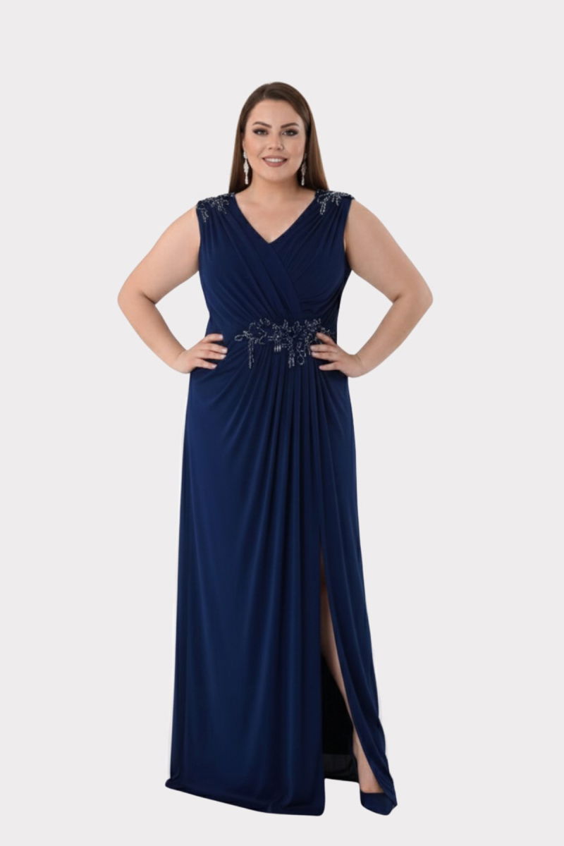 Lilas XXL Kadın Büyük Beden Omuz ve Bel Taş Detaylı Geniş Askılı Uzun Abiye Elbise 2510 Lacivert - 4