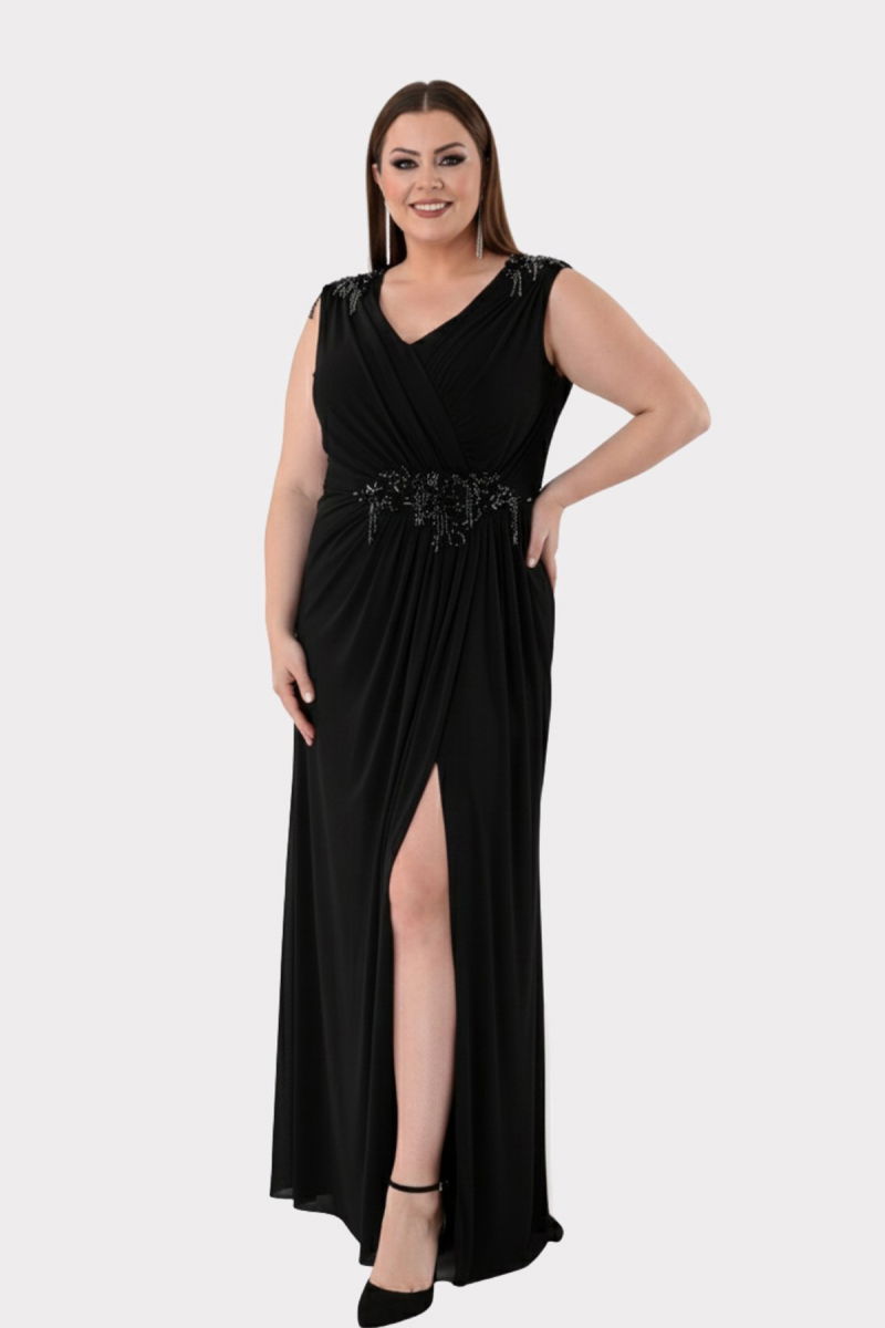 Lilas XXL Kadın Büyük Beden Omuz ve Bel Taş Detaylı Geniş Askılı Uzun Abiye Elbise 2510 Siyah - Lilas XXL