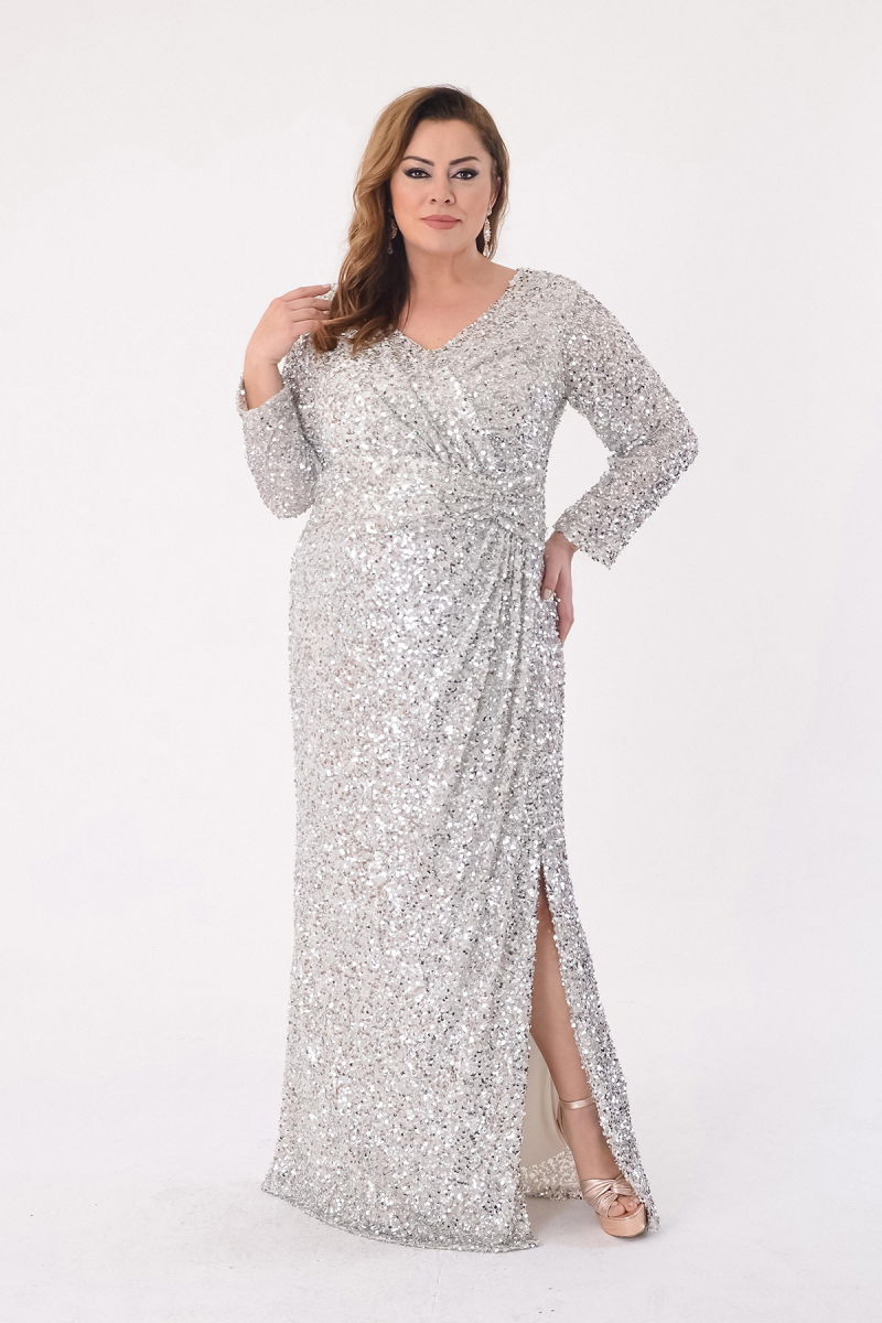 Lilas XXL Kadın Büyük Beden Pul Payetli V Yaka Uzun Abiye Elbise 2479 Gümüş - Lilas XXL