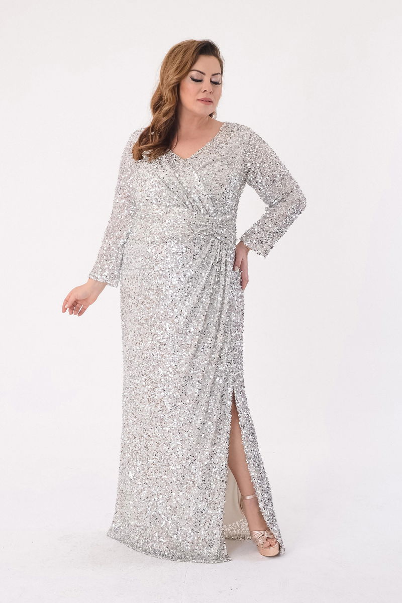 Lilas XXL Kadın Büyük Beden Pul Payetli V Yaka Uzun Abiye Elbise 2479 Gümüş - 2
