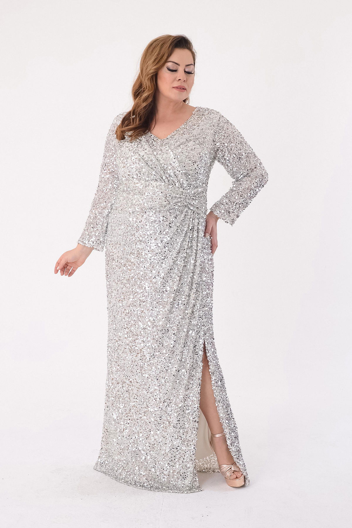Lilas XXL Kadın Büyük Beden Pul Payetli V Yaka Uzun Abiye Elbise 2479 Gümüş - 2