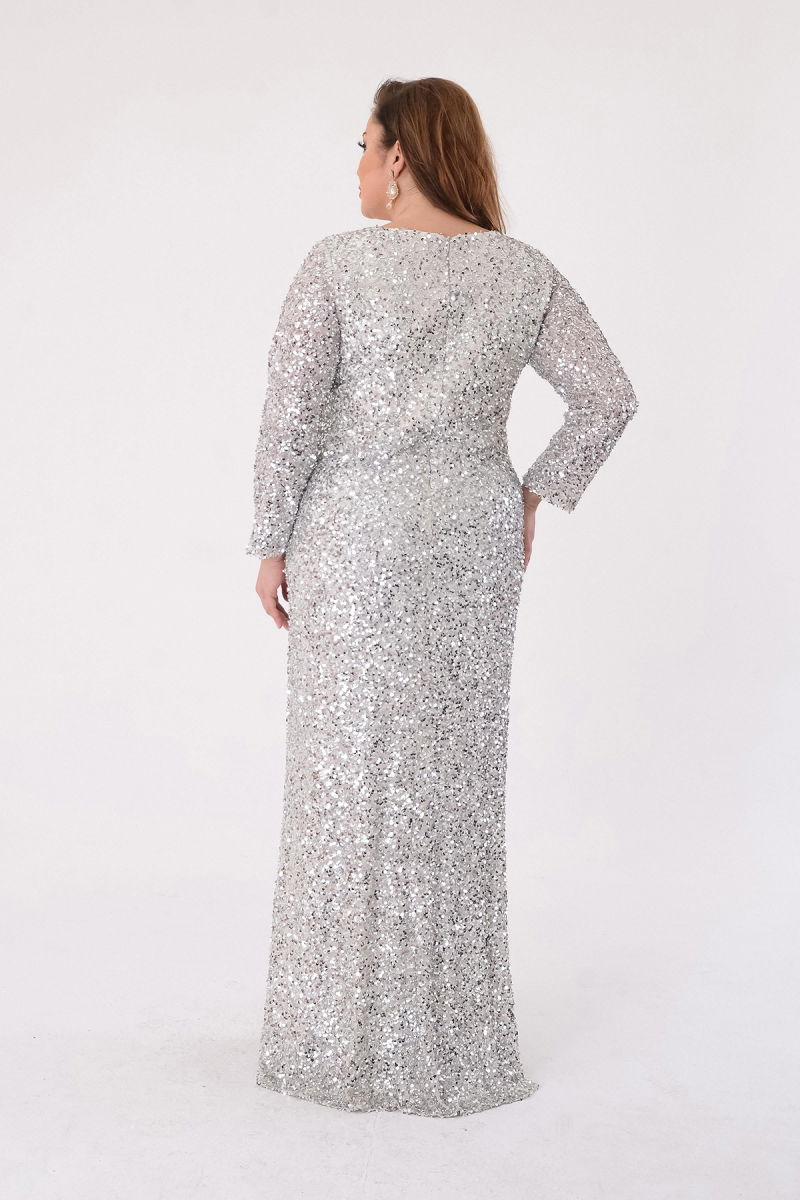Lilas XXL Kadın Büyük Beden Pul Payetli V Yaka Uzun Abiye Elbise 2479 Gümüş - 4