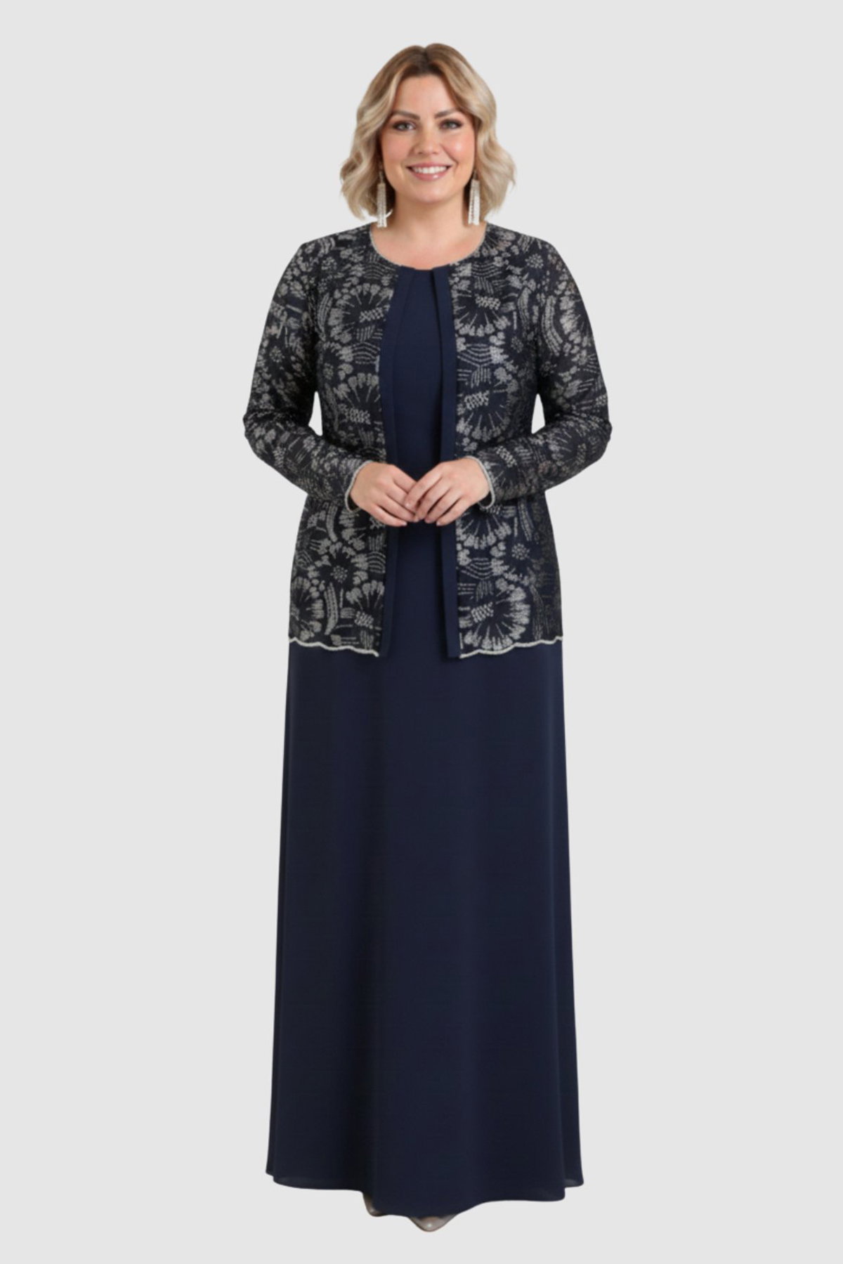 Lilas XXL Kadın Büyük Beden Sabit Ceket Detaylı Krep Kumaş Uzun Abiye Elbise 2605 Lacivert - 1