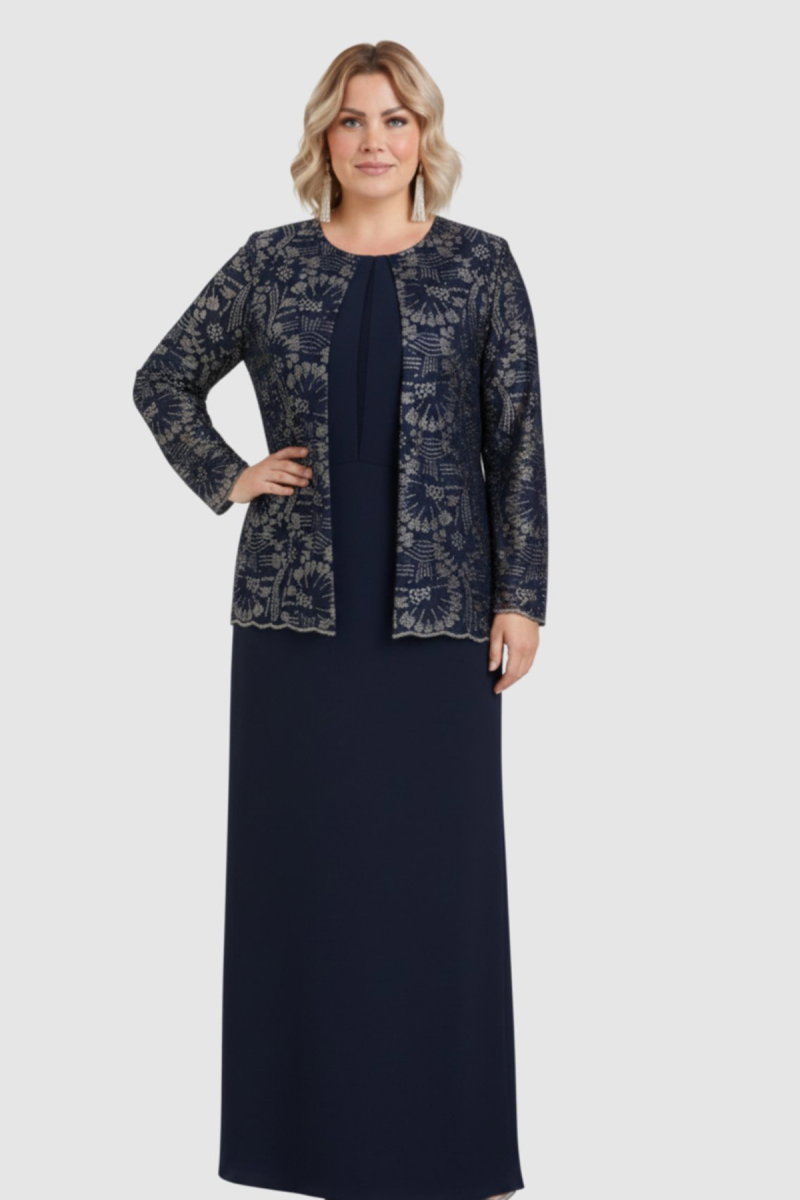 Lilas XXL Kadın Büyük Beden Sabit Ceket Detaylı Krep Kumaş Uzun Abiye Elbise 2605 Lacivert - 2