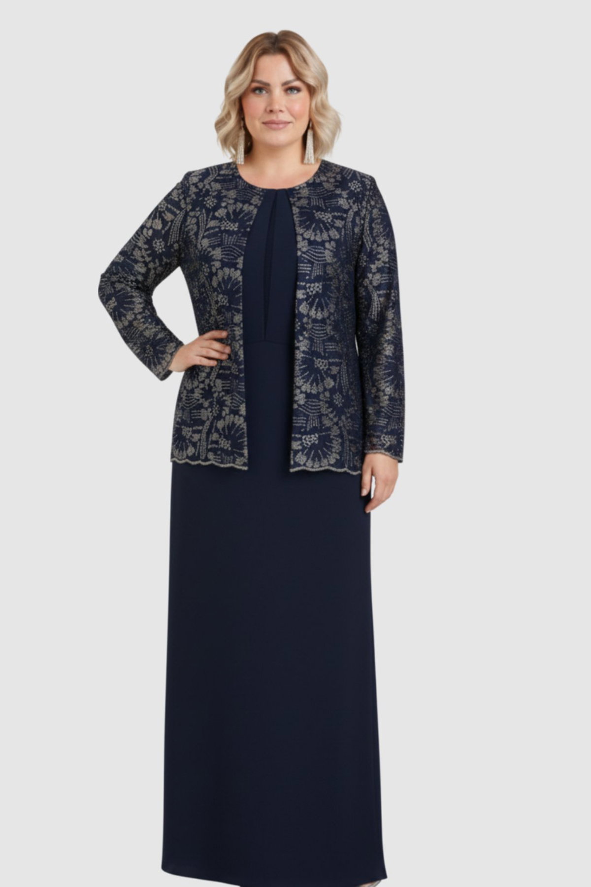 Lilas XXL Kadın Büyük Beden Sabit Ceket Detaylı Krep Kumaş Uzun Abiye Elbise 2605 Lacivert - 2