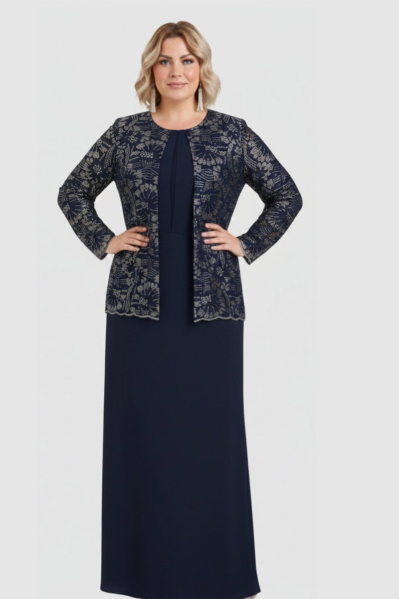 Lilas XXL Kadın Büyük Beden Sabit Ceket Detaylı Krep Kumaş Uzun Abiye Elbise 2605 Lacivert - 3