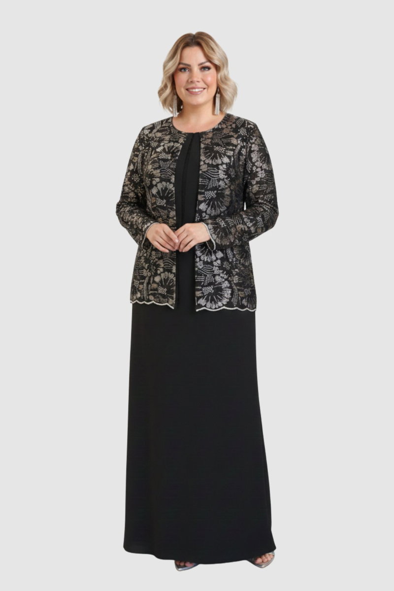 Lilas XXL Kadın Büyük Beden Sabit Ceket Detaylı Krep Kumaş Uzun Abiye Elbise 2605 Siyah - 2