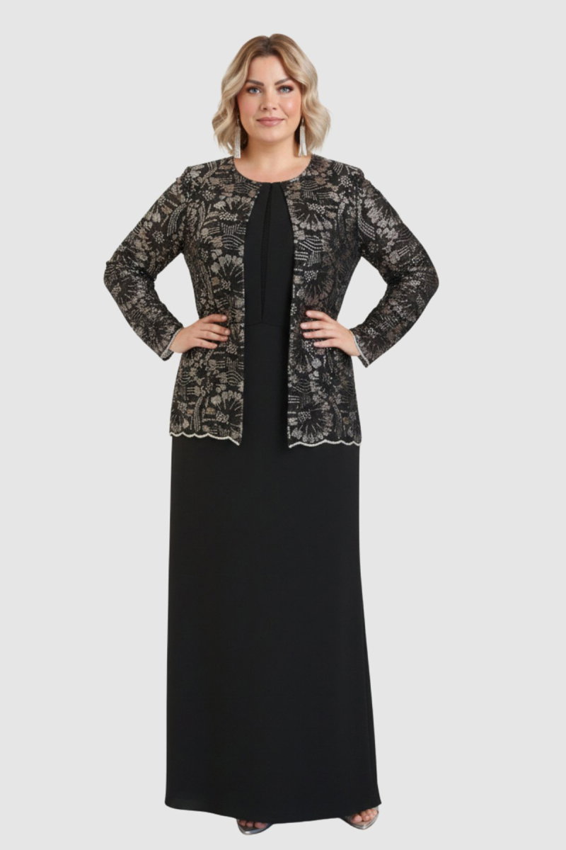 Lilas XXL Kadın Büyük Beden Sabit Ceket Detaylı Krep Kumaş Uzun Abiye Elbise 2605 Siyah - 3