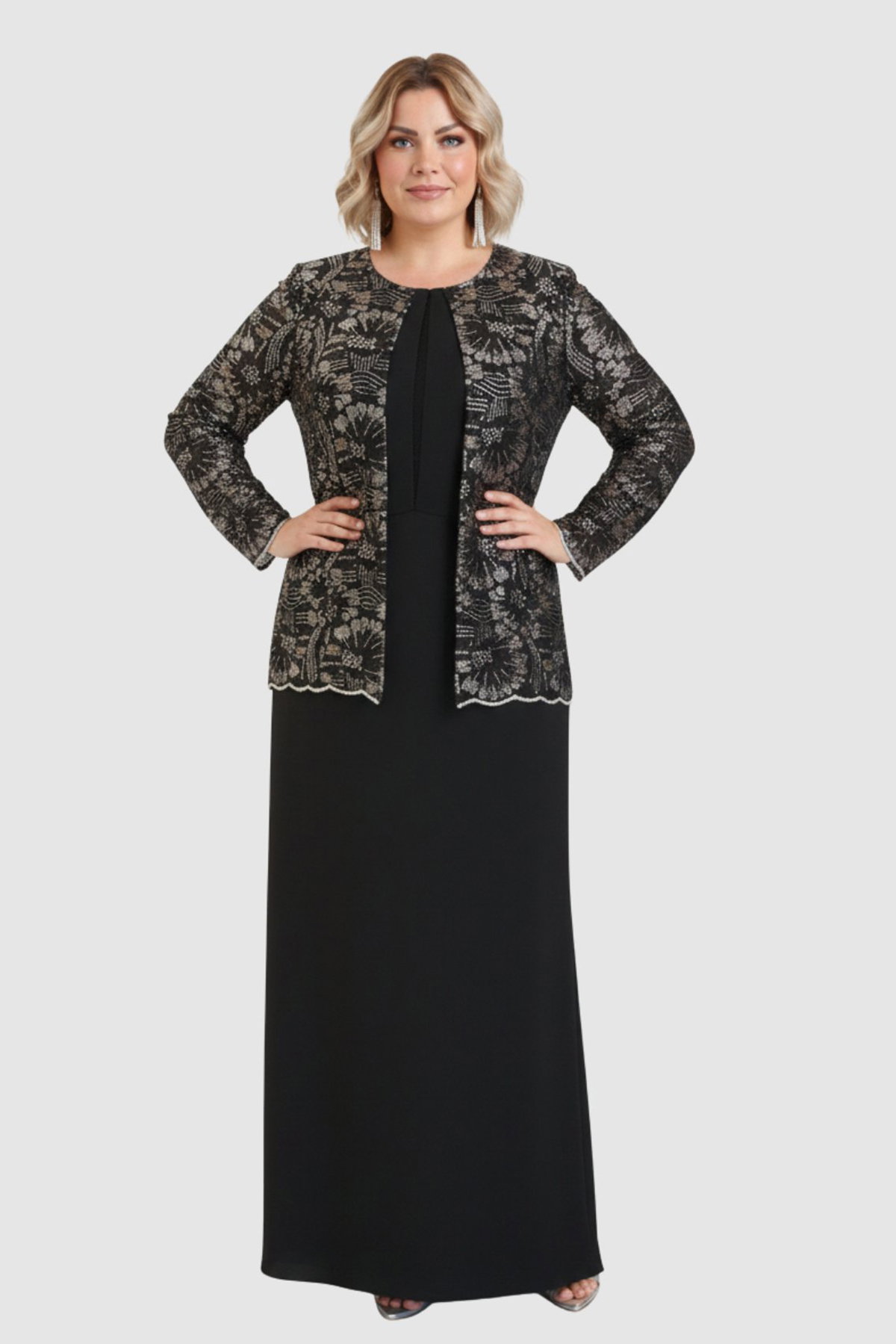 Lilas XXL Kadın Büyük Beden Sabit Ceket Detaylı Krep Kumaş Uzun Abiye Elbise 2605 Siyah - 3