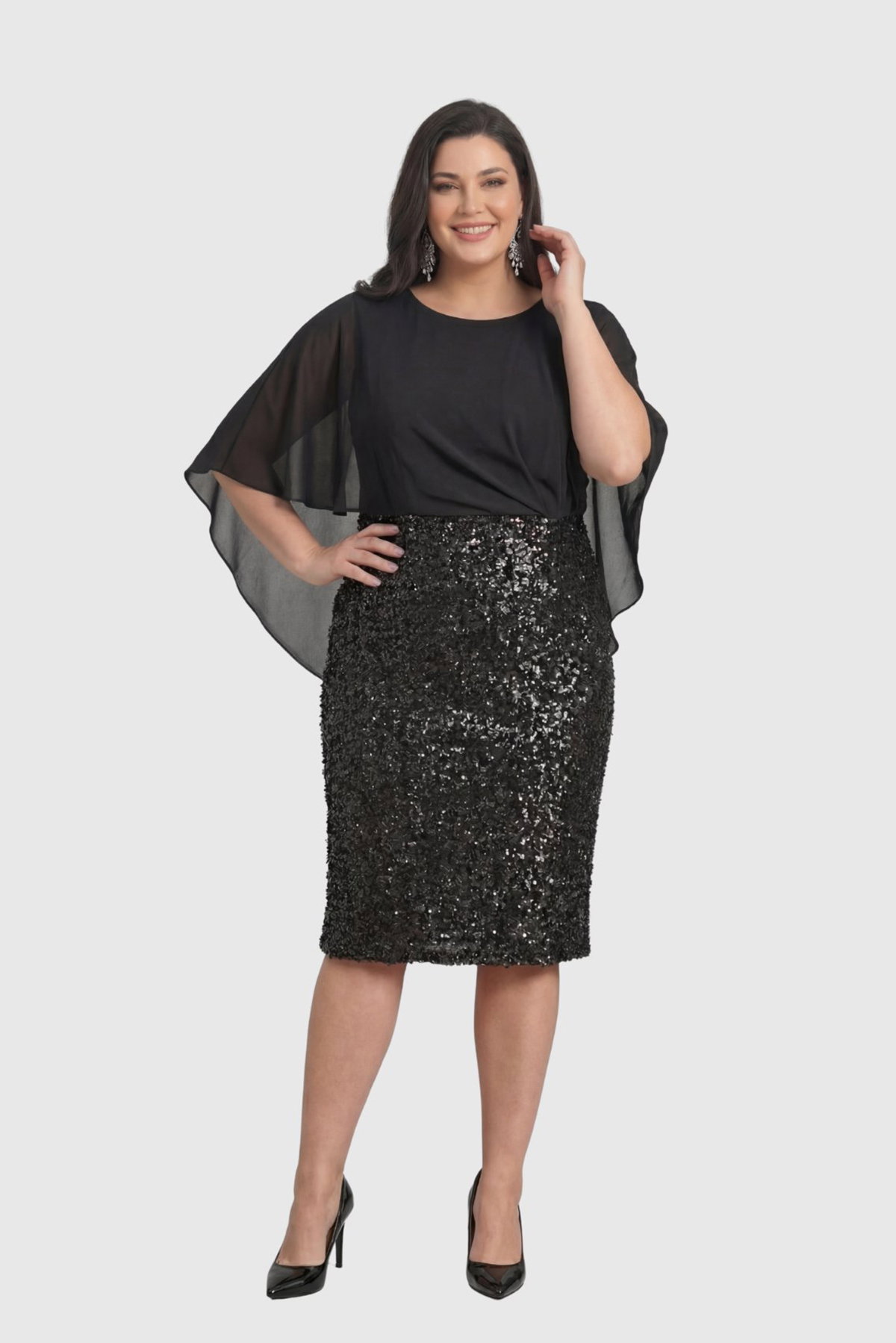 Lilas XXL Kadın Büyük Beden Şifon Pelerinli Pul Payetli Kısa Abiye Elbise 2615 Siyah - 1