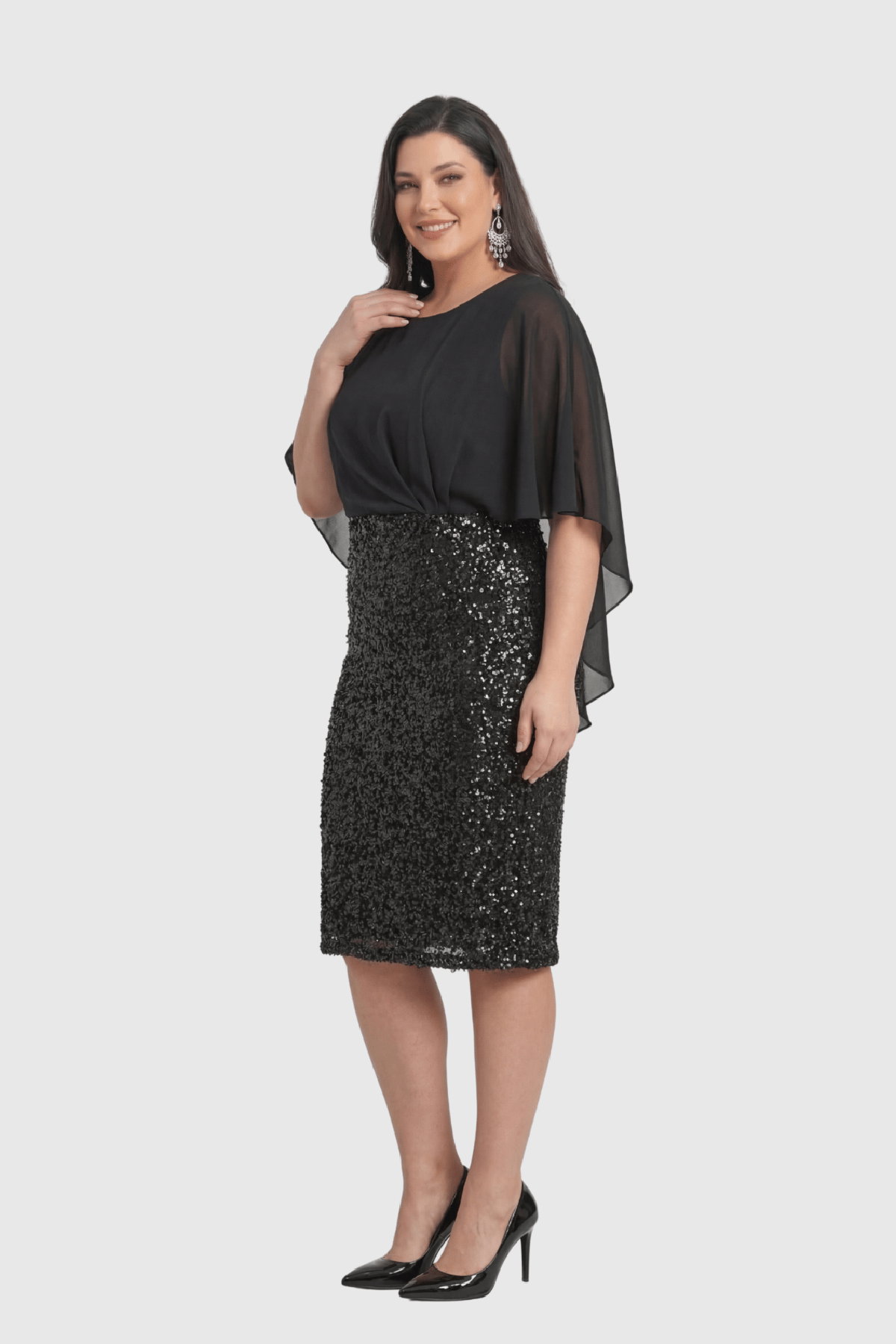 Lilas XXL Kadın Büyük Beden Şifon Pelerinli Pul Payetli Kısa Abiye Elbise 2615 Siyah - 2