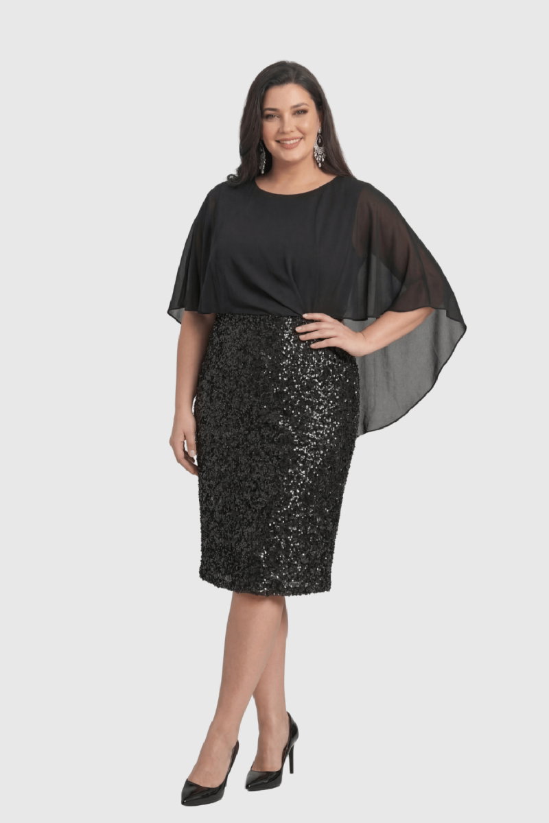 Lilas XXL Kadın Büyük Beden Şifon Pelerinli Pul Payetli Kısa Abiye Elbise 2615 Siyah - 3