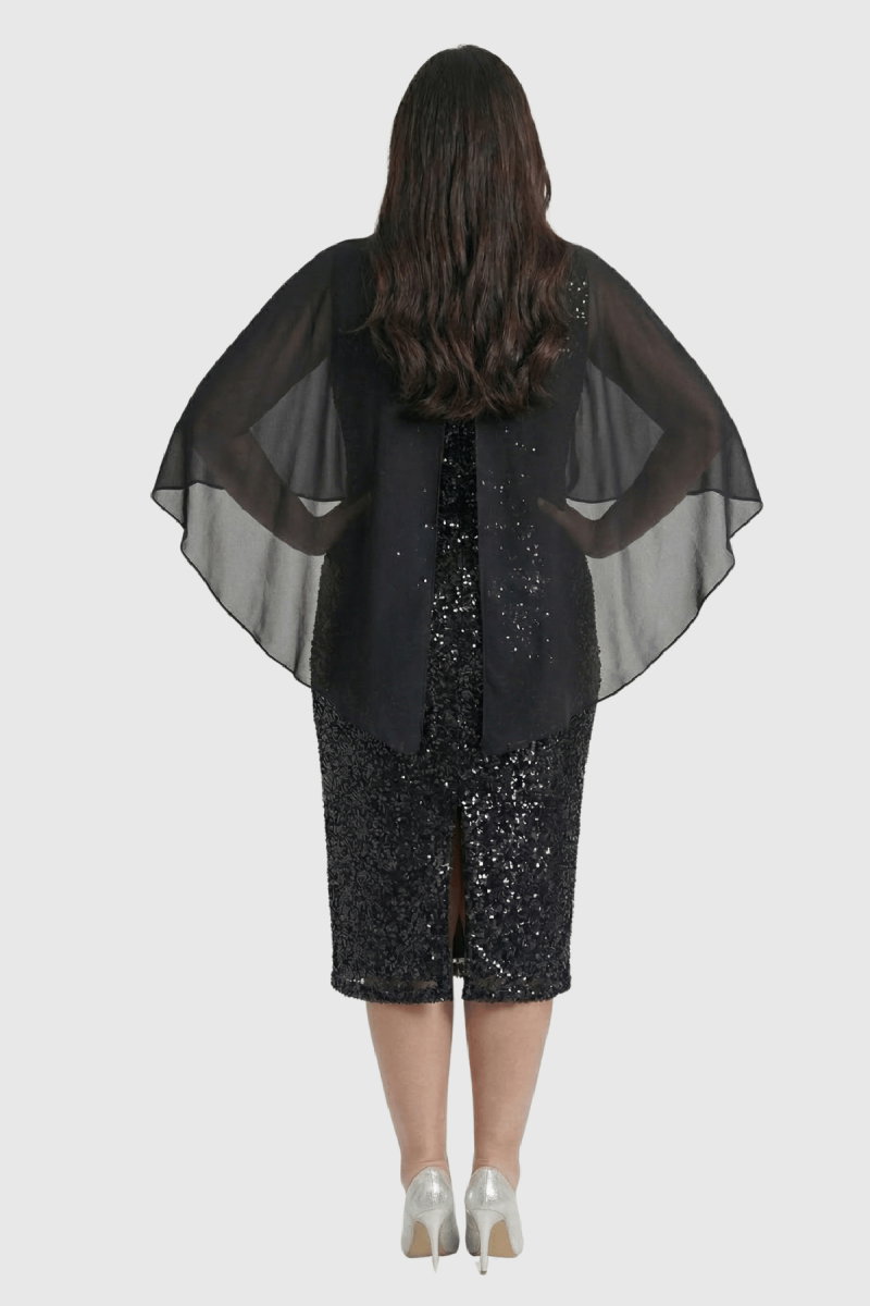 Lilas XXL Kadın Büyük Beden Şifon Pelerinli Pul Payetli Kısa Abiye Elbise 2615 Siyah - 4