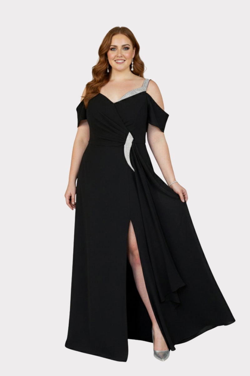 Lilas XXL Kadın Büyük Beden Taş Askılı Şifon Kumaş Uzun Abiye Elbise 3329 Siyah - 2