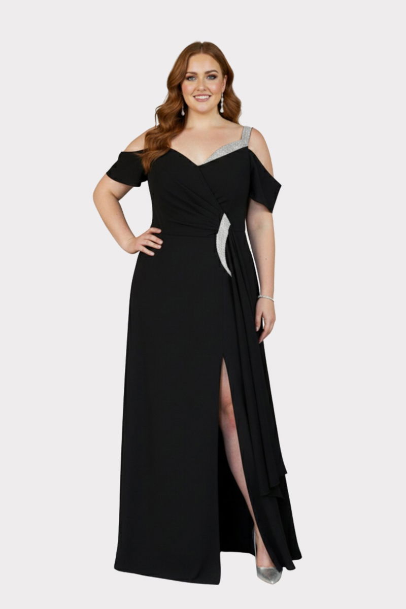 Lilas XXL Kadın Büyük Beden Taş Askılı Şifon Kumaş Uzun Abiye Elbise 3329 Siyah - 3