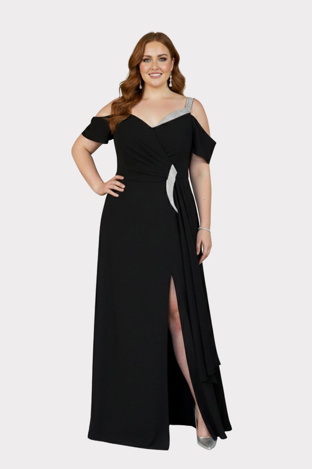 Lilas XXL Kadın Büyük Beden Taş Askılı Şifon Kumaş Uzun Abiye Elbise 3329 Siyah - 3