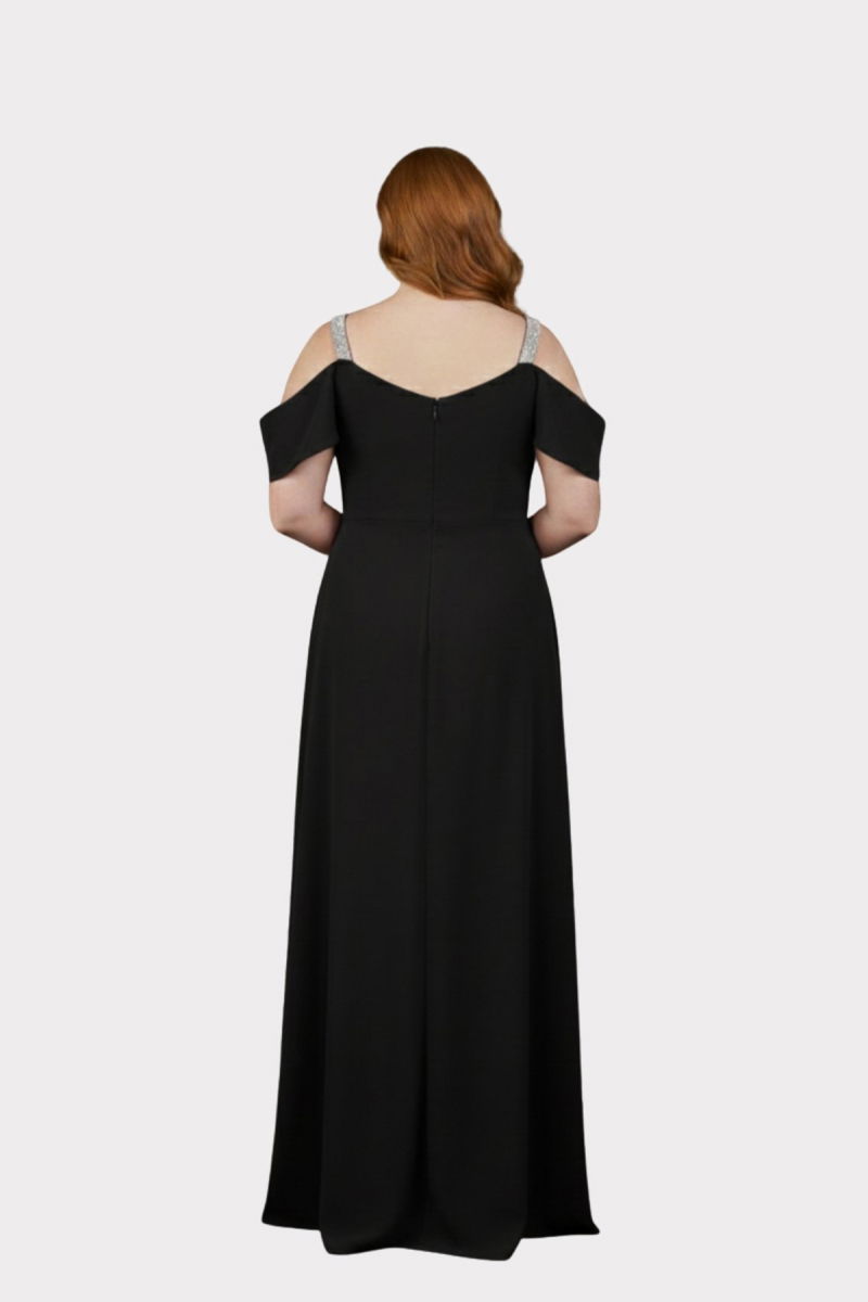 Lilas XXL Kadın Büyük Beden Taş Askılı Şifon Kumaş Uzun Abiye Elbise 3329 Siyah - 4