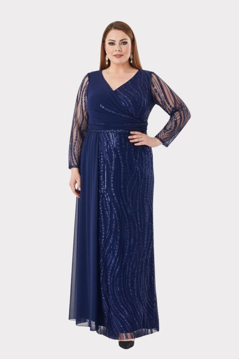 Lilas XXL Kadın Büyük Beden Taş ve Payet İşlemeli Tül Kumaş Uzun Abiye Elbise 2518 Lacivert - Lilas XXL