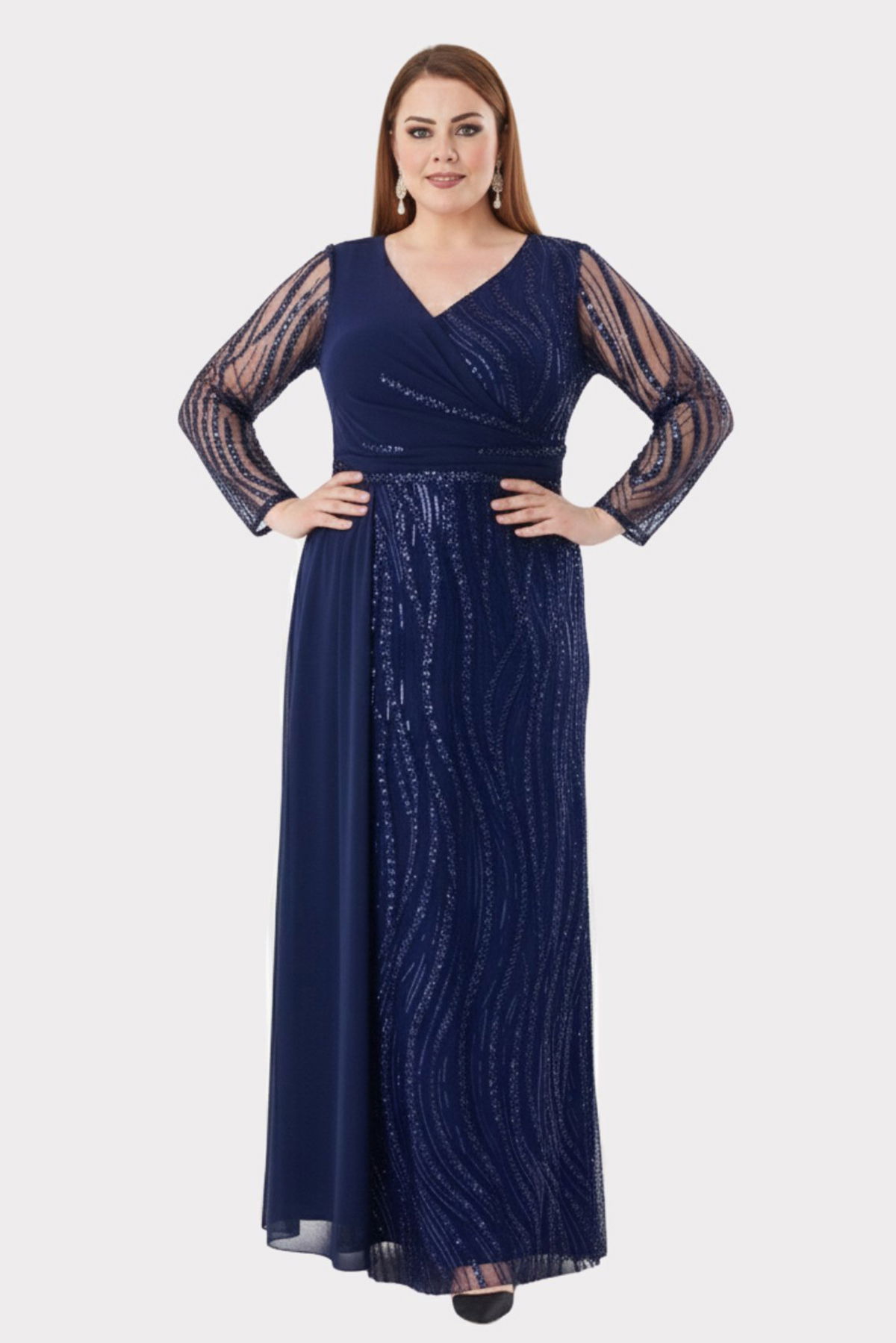 Lilas XXL Kadın Büyük Beden Taş ve Payet İşlemeli Tül Kumaş Uzun Abiye Elbise 2518 Lacivert - 2