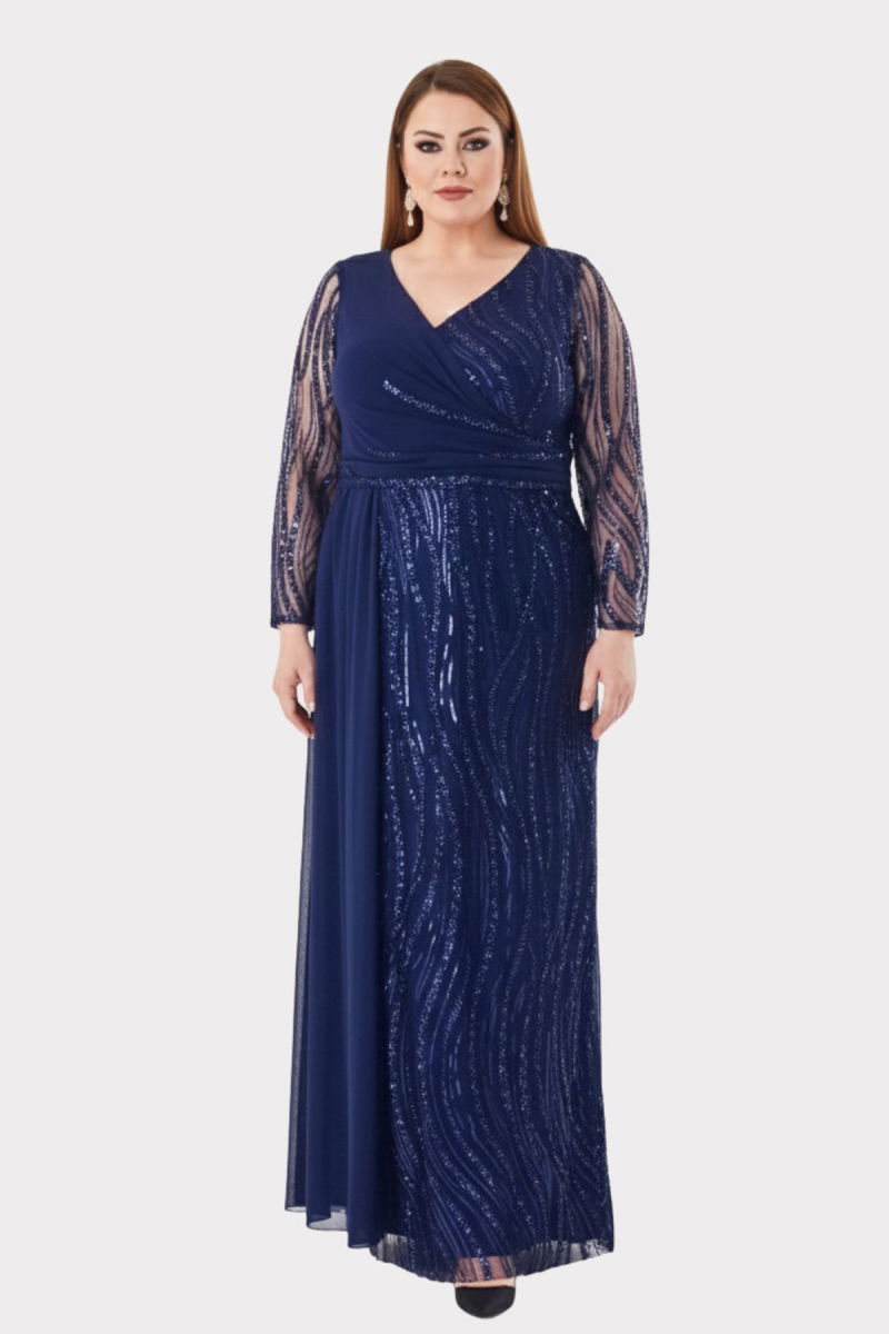 Lilas XXL Kadın Büyük Beden Taş ve Payet İşlemeli Tül Kumaş Uzun Abiye Elbise 2518 Lacivert - 3