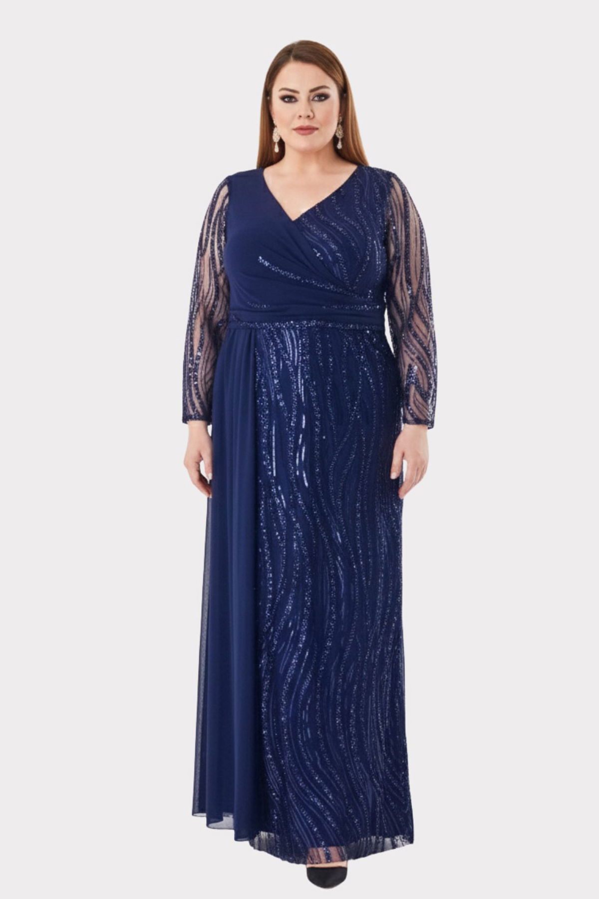 Lilas XXL Kadın Büyük Beden Taş ve Payet İşlemeli Tül Kumaş Uzun Abiye Elbise 2518 Lacivert - 3