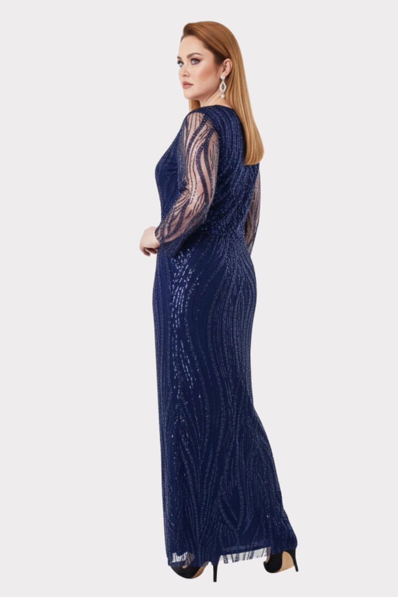 Lilas XXL Kadın Büyük Beden Taş ve Payet İşlemeli Tül Kumaş Uzun Abiye Elbise 2518 Lacivert - 4