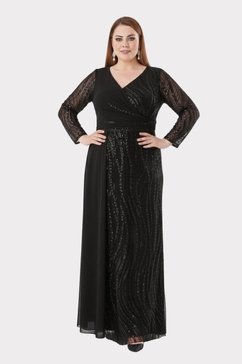 Lilas XXL Kadın Büyük Beden Taş ve Payet İşlemeli Tül Kumaş Uzun Abiye Elbise 2518 Siyah - Lilas XXL
