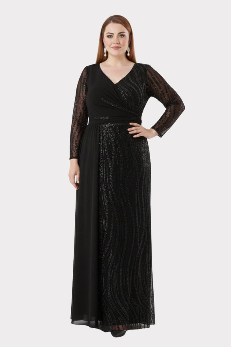 Lilas XXL Kadın Büyük Beden Taş ve Payet İşlemeli Tül Kumaş Uzun Abiye Elbise 2518 Siyah - 2