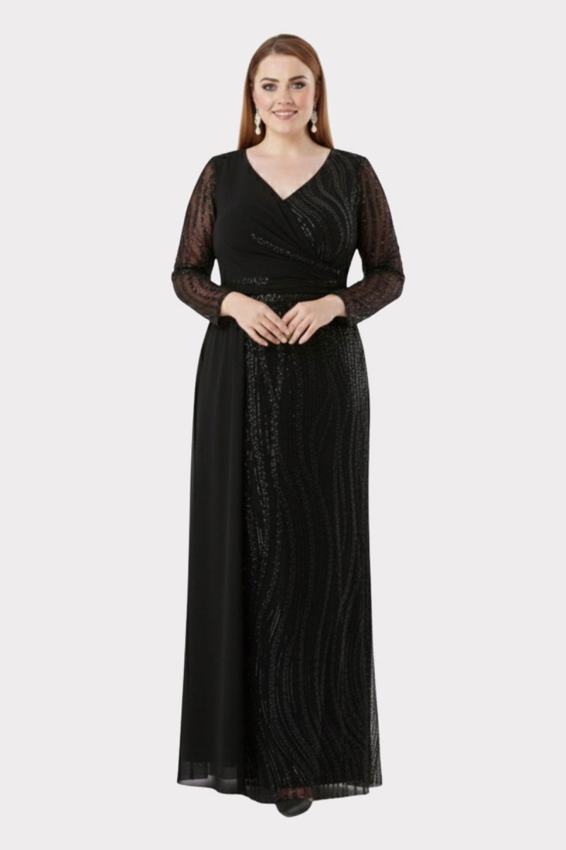 Lilas XXL Kadın Büyük Beden Taş ve Payet İşlemeli Tül Kumaş Uzun Abiye Elbise 2518 Siyah - 3