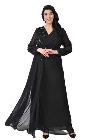 Lilas XXL Kadın Büyük Beden Uzun Şifon Abiye Elbise 9571 Siyah - 1