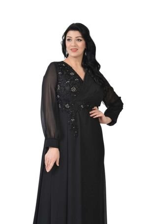 Lilas XXL Kadın Büyük Beden Uzun Şifon Abiye Elbise 9571 Siyah - 2