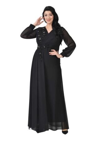 Lilas XXL Kadın Büyük Beden Uzun Şifon Abiye Elbise 9571 Siyah - 3