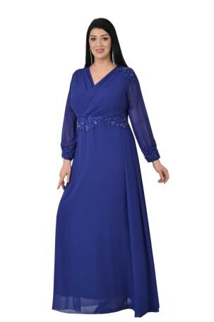 Lilas XXL Kadın Büyük Beden Uzun Şifon Abiye Elbise 9573 Saks - 3
