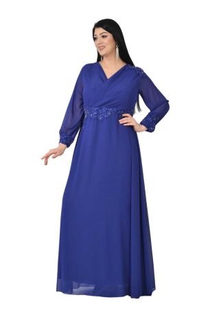 Lilas XXL Kadın Büyük Beden Uzun Şifon Abiye Elbise 9573 Saks - 4