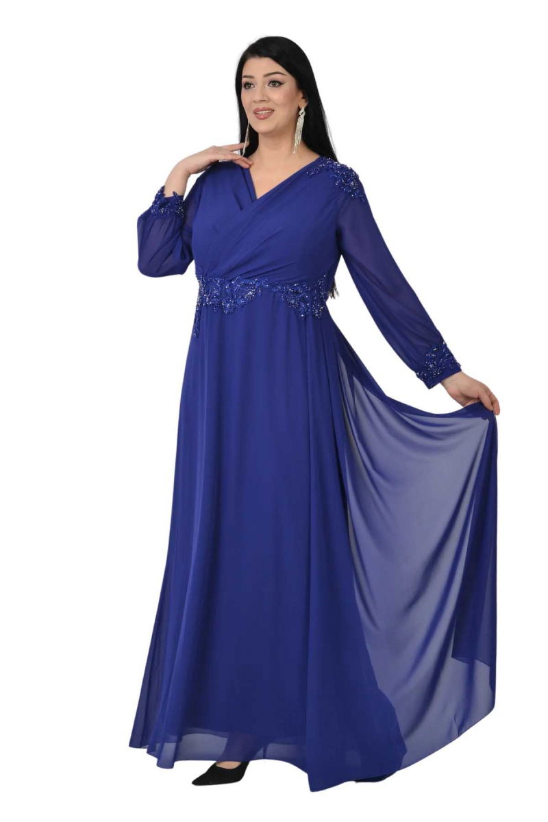 Lilas XXL Kadın Büyük Beden Uzun Şifon Abiye Elbise 9573 Saks 