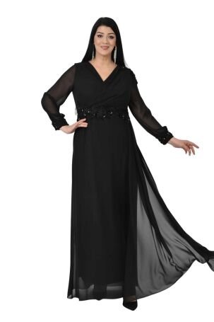 Lilas XXL Kadın Büyük Beden Uzun Şifon Abiye Elbise 9573 Siyah - 1