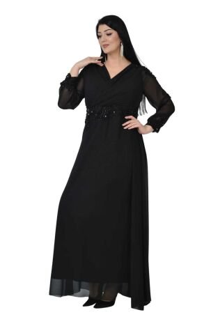 Lilas XXL Kadın Büyük Beden Uzun Şifon Abiye Elbise 9573 Siyah - 2