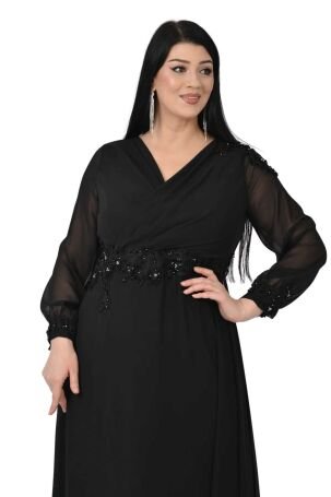 Lilas XXL Kadın Büyük Beden Uzun Şifon Abiye Elbise 9573 Siyah - 3