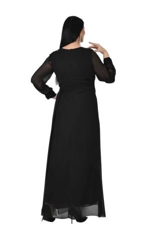 Lilas XXL Kadın Büyük Beden Uzun Şifon Abiye Elbise 9573 Siyah - 4