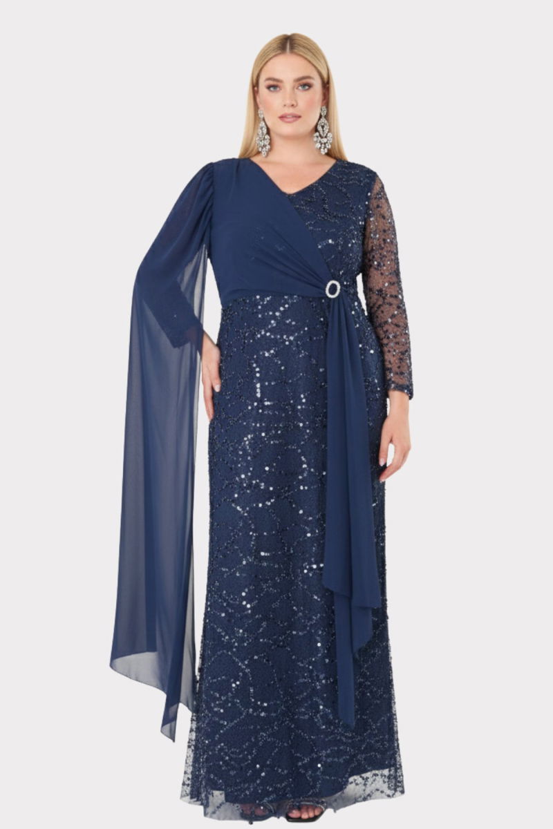 Lilas XXL Kadın Büyük Beden V Yaka Pelerin Detaylı Pul İşlemeli Uzun Abiye Elbise 2521 Lacivert - Lilas XXL