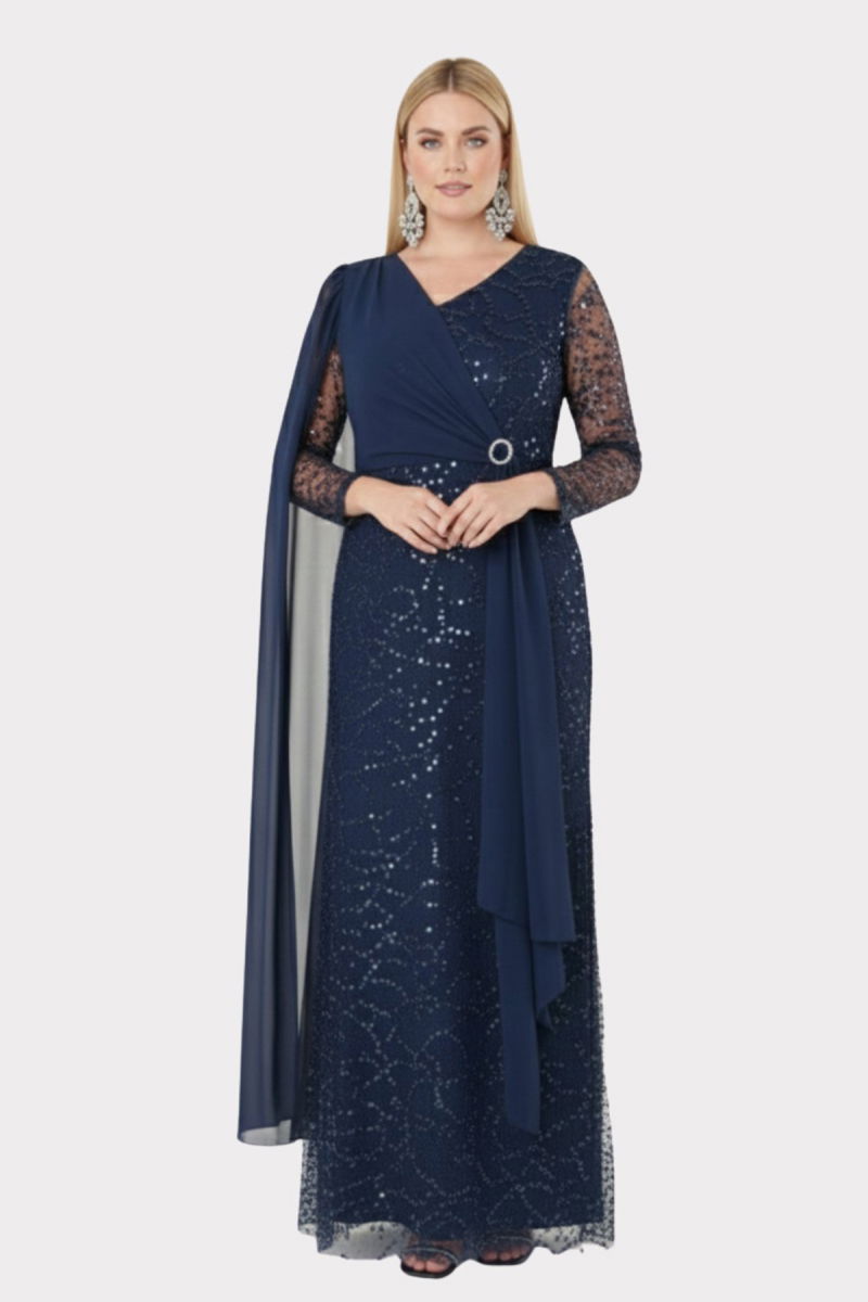 Lilas XXL Kadın Büyük Beden V Yaka Pelerin Detaylı Pul İşlemeli Uzun Abiye Elbise 2521 Lacivert - 2