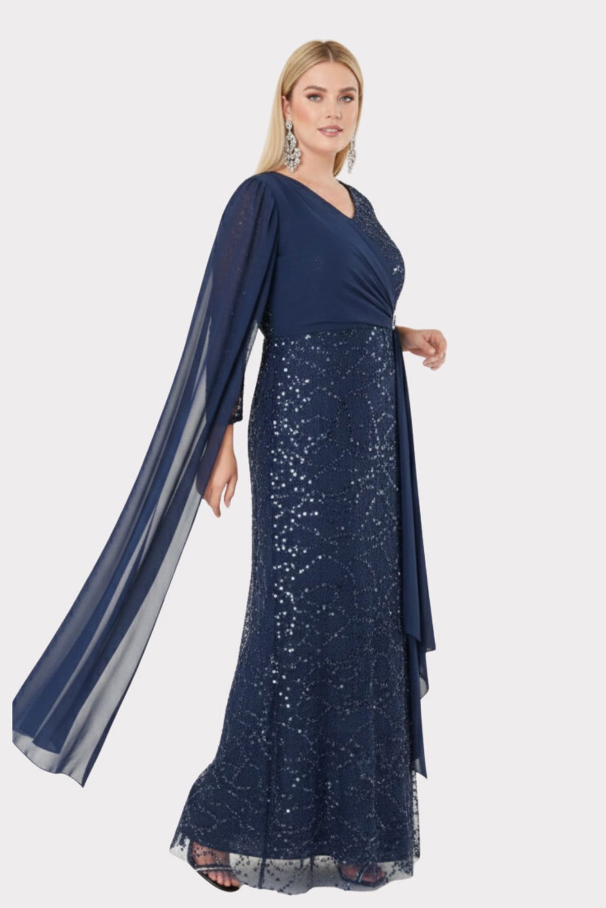 Lilas XXL Kadın Büyük Beden V Yaka Pelerin Detaylı Pul İşlemeli Uzun Abiye Elbise 2521 Lacivert - 3