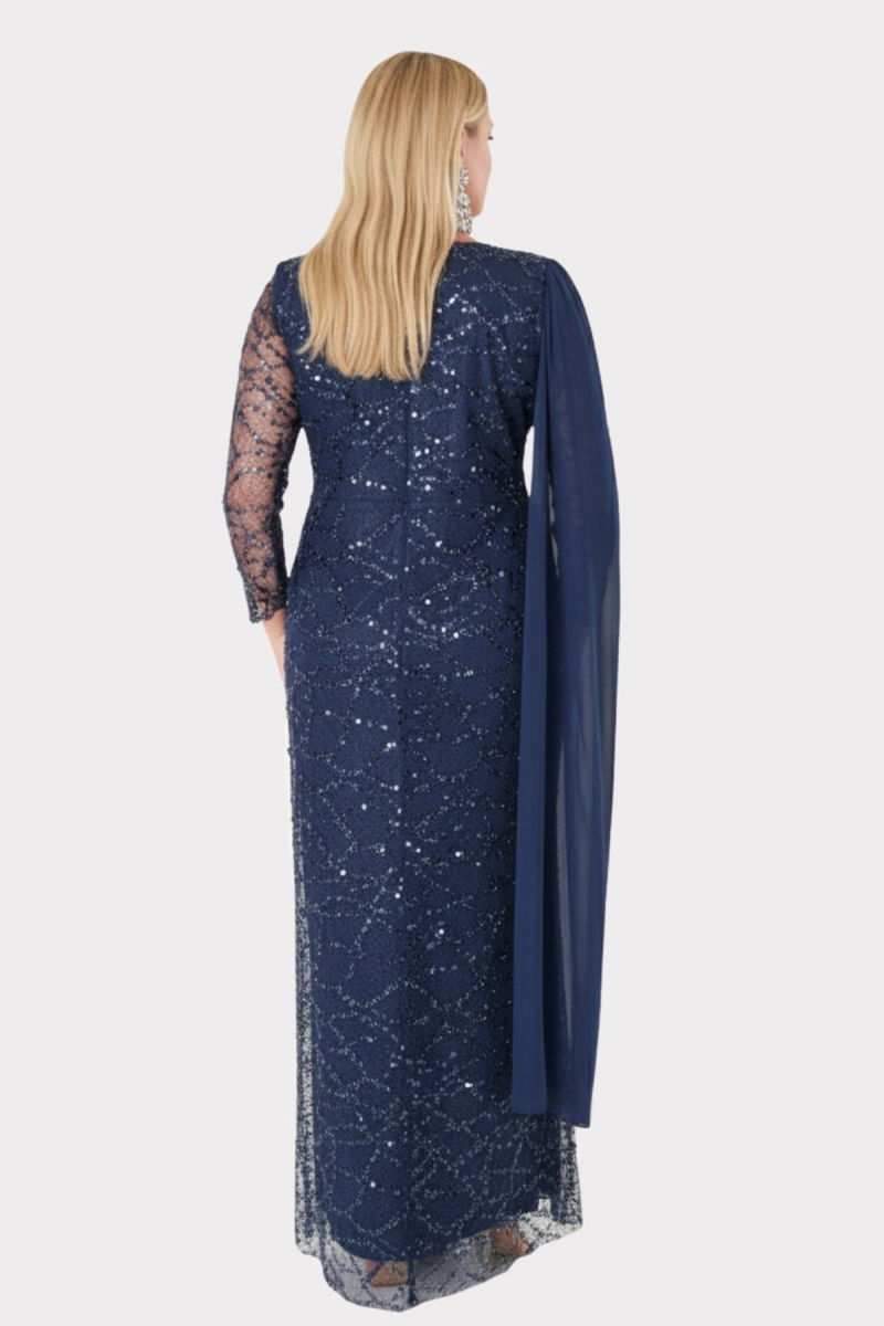 Lilas XXL Kadın Büyük Beden V Yaka Pelerin Detaylı Pul İşlemeli Uzun Abiye Elbise 2521 Lacivert - 4