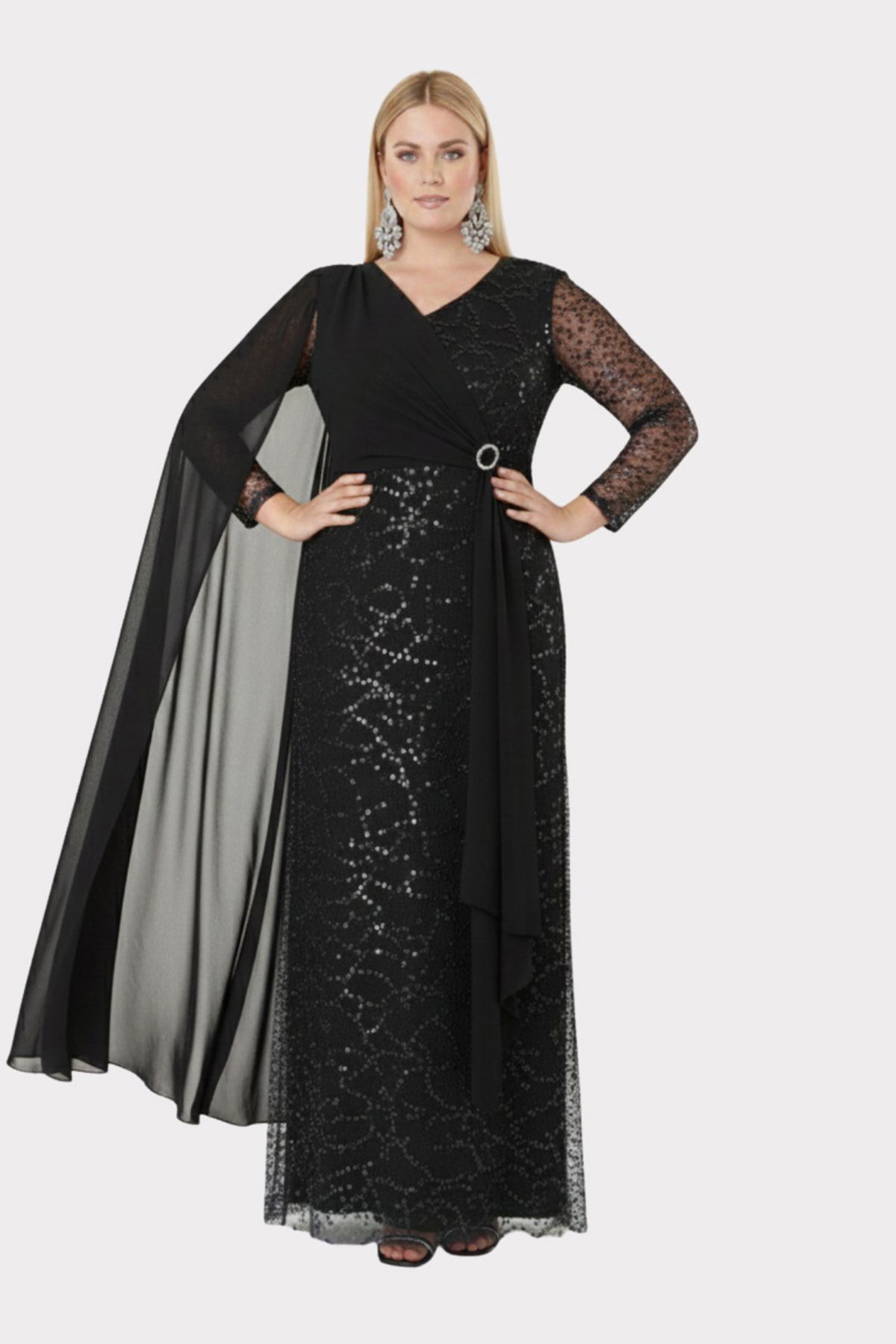 Lilas XXL Kadın Büyük Beden V Yaka Pelerin Detaylı Pul İşlemeli Uzun Abiye Elbise 2521 Siyah - 2